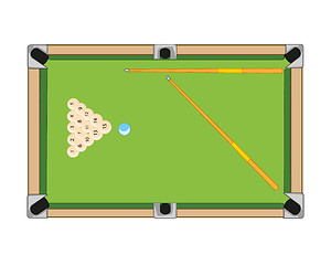 Image showing Billiard table and balls with cue