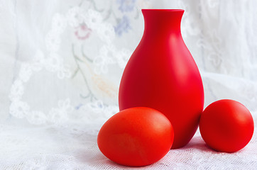 Image showing Two Easter Eggs And A Jug On A Lace