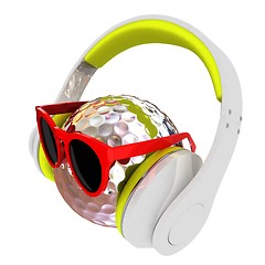 Image showing Metal Golf Ball With Sunglasses and headphones. 3d illustration