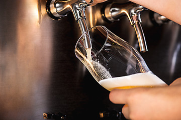Image showing Hand of bartender pouring a large lager beer in tap.