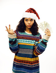 Image showing cute young real african hipster girl in santas red hat isolated 