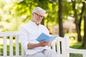 Image showing happy senior man reading book at summer park