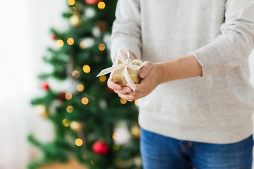 Image showing close up of man with christmas gift at home