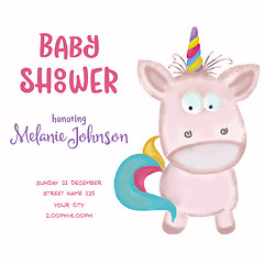 Image showing beautiful doodle baby shower card wirh watercolor unicorn