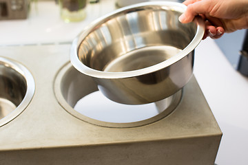 Image showing Woman preparing dog food bowl