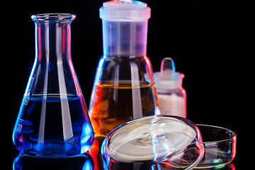 Image showing The Chemistry Lab background. Various glass chemistry lab equipment