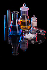 Image showing The Chemistry Lab background. Various glass chemistry lab equipment