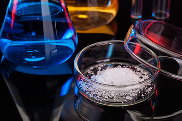 Image showing The Chemistry Lab background. Various glass chemistry lab equipment