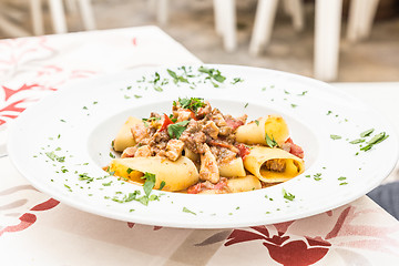 Image showing Italian Paccheri pasta  with Swordfish