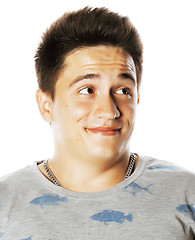 Image showing young handsome brunete man emotional posing on white background 