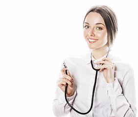 Image showing young pretty woman doctor with stethoscope on white background 