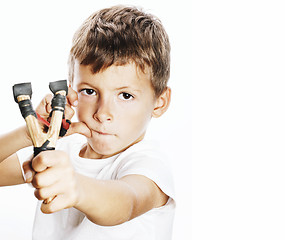 Image showing little cute angry real boy with slingshot isolated