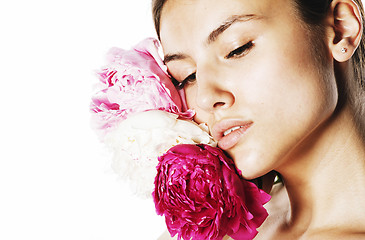 Image showing young beauty woman with flower peony pink closeup makeup soft te