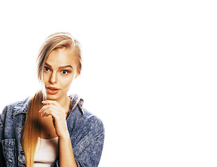 Image showing young blond woman on white backgroung gesture thumbs up, isolate