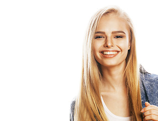 Image showing young blond woman on white backgroung gesture thumbs up, isolate