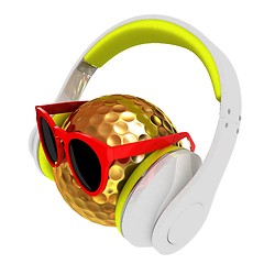 Image showing Gold Golf Ball With Sunglasses and headphones. 3d illustration