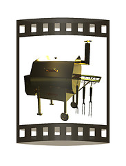 Image showing Gold BBQ Grill. 3d illustration. The film strip.