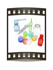 Image showing Syringe, tablet, pill jar. 3D illustration. The film strip.