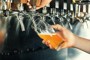 Image showing Hand of bartender pouring a large lager beer in tap.