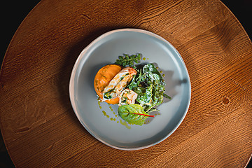 Image showing simmered pumpkin with Japanese broth and minced meat sauce