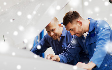 Image showing mechanic men with wrench repairing car at workshop