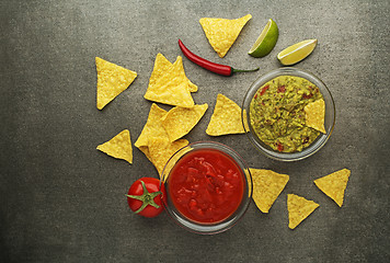 Image showing Avocado guacamole and tomato salsa