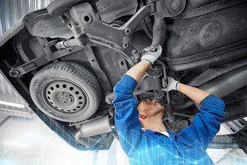 Image showing mechanic man or smith repairing car at workshop