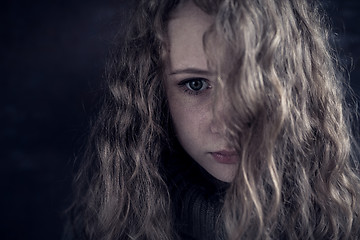 Image showing Portrait of a young sad girl.