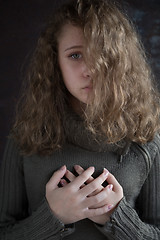 Image showing Portrait of a young sad girl.