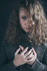 Image showing Portrait of a young sad girl.