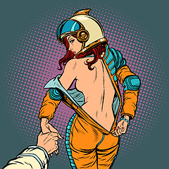 Image showing follow me undresses astronaut woman, couple love and sexy