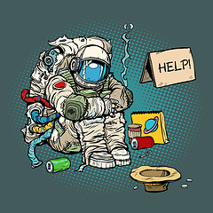 Image showing Crowdfunding concept. A poor homeless astronaut asks for money