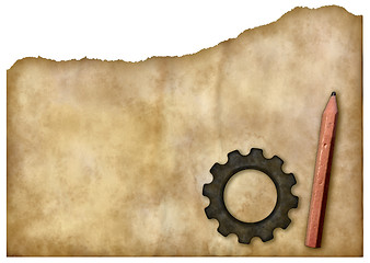 Image showing gear wheel and pen on grunge background