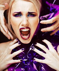 Image showing beauty woman with creative make up, many fingers on face