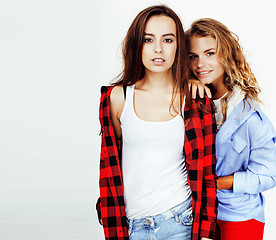 Image showing best friends teenage girls together having fun, posing emotional