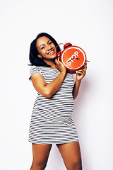 Image showing pretty young african-american pregnant woman posing isolated on white background, lifestyle people concept 