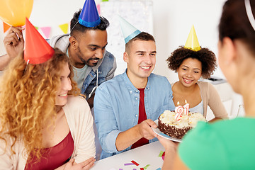 Image showing team greeting colleague at office birthday party