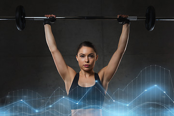 Image showing young woman flexing muscles with barbell in gym