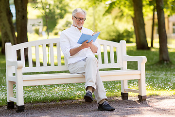 Image showing happy senior man reading book at summer park