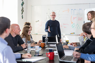 Image showing Relaxed informal IT business startup company team meeting.