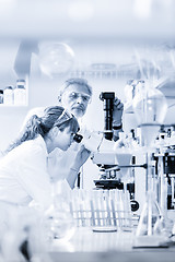 Image showing Health care researchers microscoping in scientific laboratory.