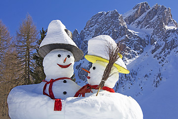 Image showing Two big snowmen at the Sexten ski resort in Italy