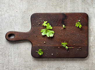 Image showing Parsley and pepper on wooden cutting board