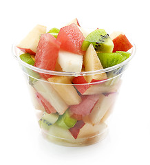 Image showing fresh fruit pieces salad in plastic cup