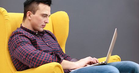 Image showing businessman working using a laptop in startup office