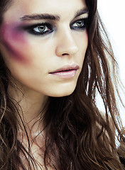 Image showing young beauty woman with makeup like shiner on face close up isolated