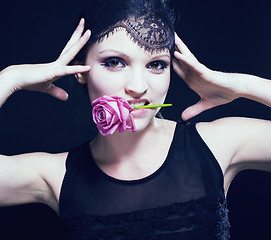 Image showing portrait of beauty young woman through lace with makeup and rose fairy