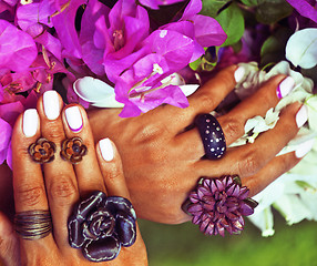 Image showing bright colorfull shot of african tanned hands with manicure among pink flowers wearing jewellery 