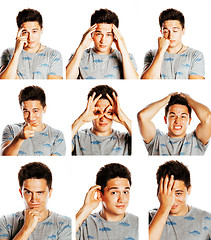 Image showing collage of different mens emotions, young guy posing emotional, 