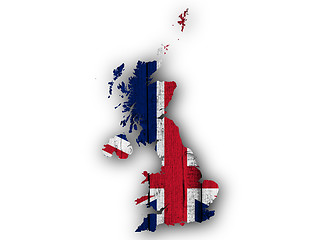 Image showing Map and flag of Great Britain on wood,